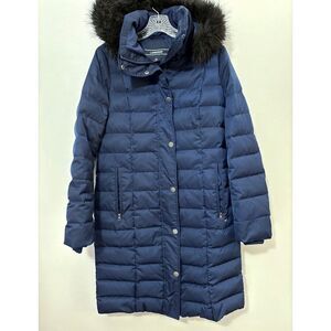 Lands End Down Coat Long Hooded Dark Blue  Size XS 2-4